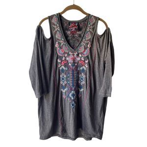 Johnny Was Women’s Emboidered Top Cold Shoulder 3/4 sleeve Gray Size M